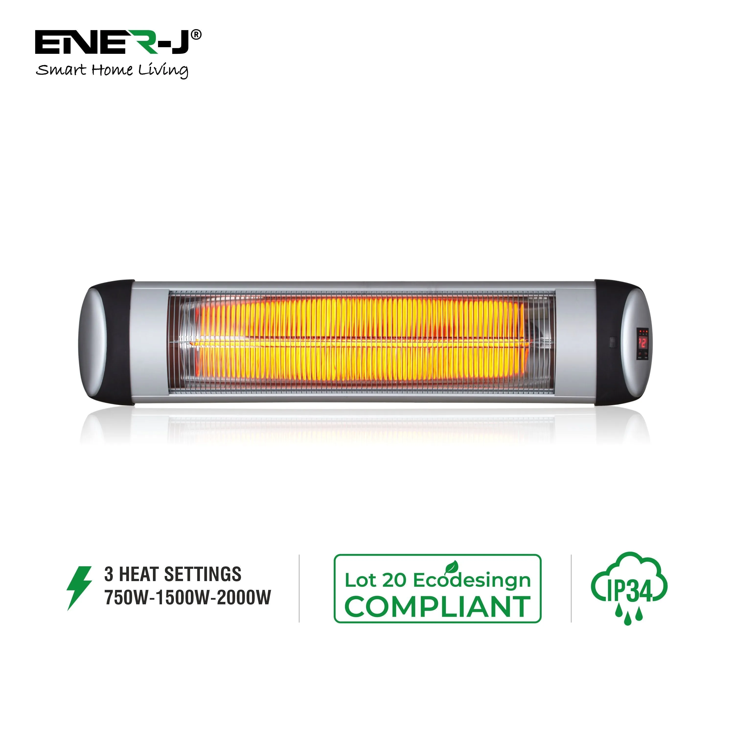 2000W Infrared Patio Heater, IP34 Wall Mounted Electric Heater With Quartz Tube, 3 Heat Settings 750W, 1500W and 2000W with LED Display, Ideal for Terrace, Garden, Patio, Balcony
