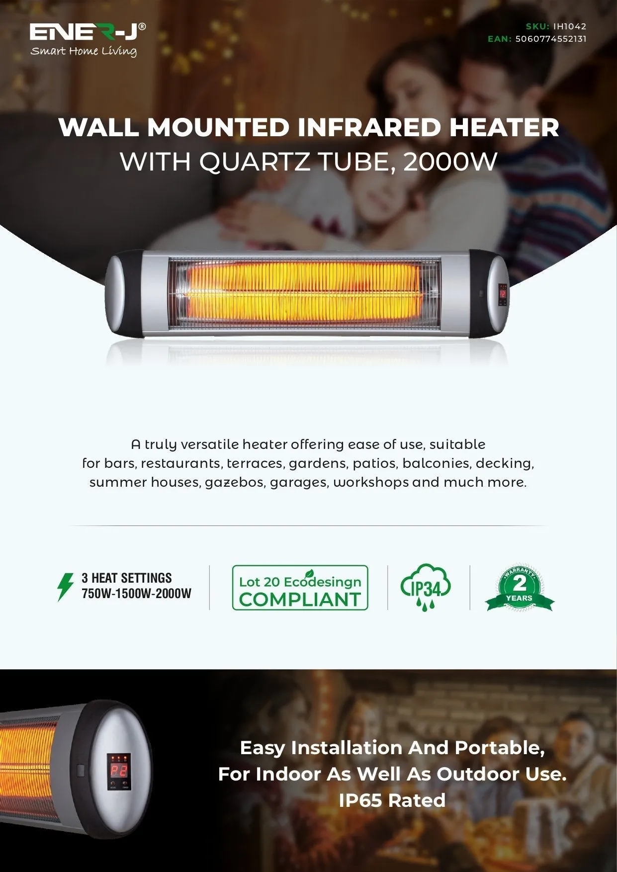 2000W Infrared Patio Heater, IP34 Wall Mounted Electric Heater With Quartz Tube, 3 Heat Settings 750W, 1500W and 2000W with LED Display, Ideal for Terrace, Garden, Patio, Balcony