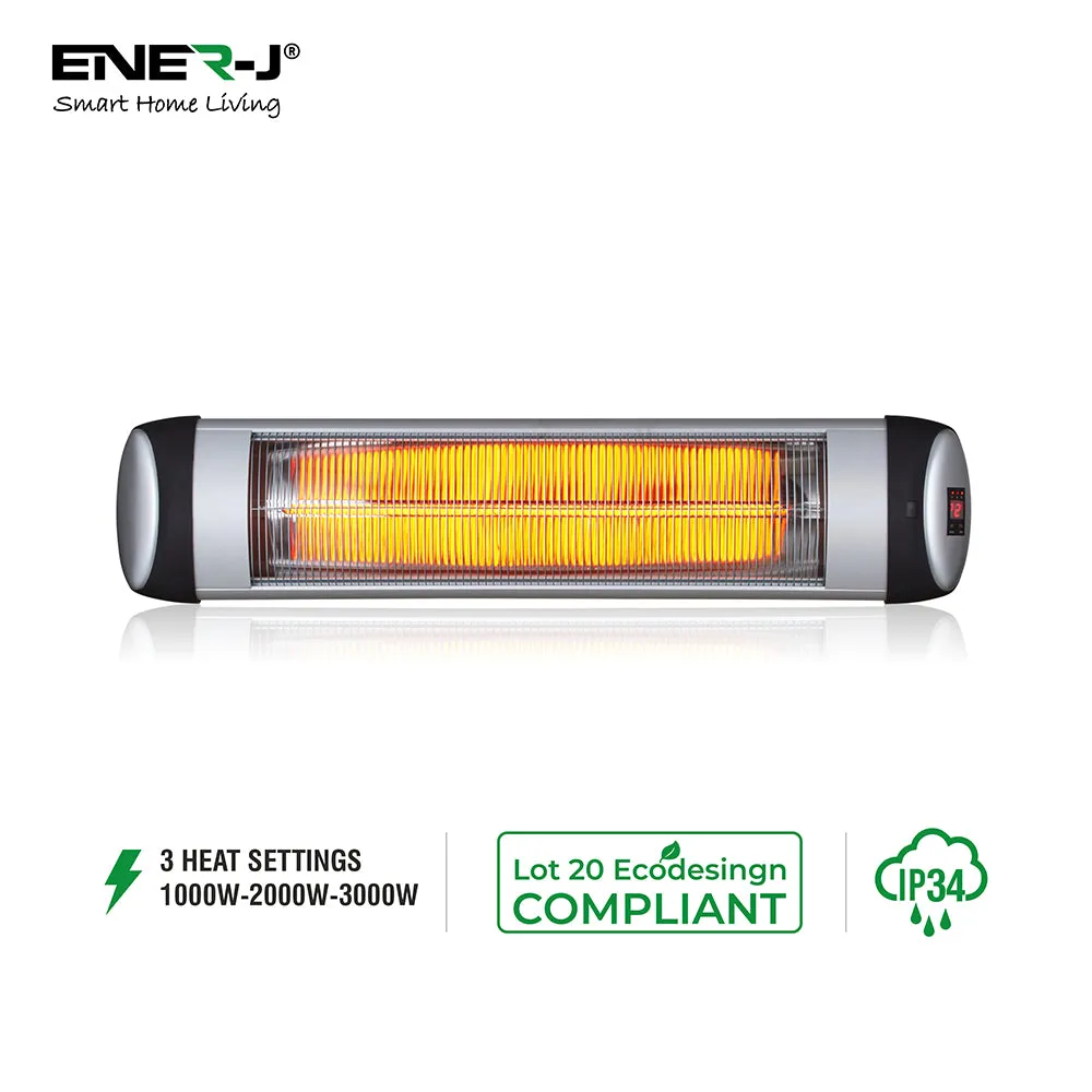 3000W IP34 Infrared Patio Heater - Wall Mounted Electric Heater With Quartz Tube, 3 Heat Settings, LED Display
