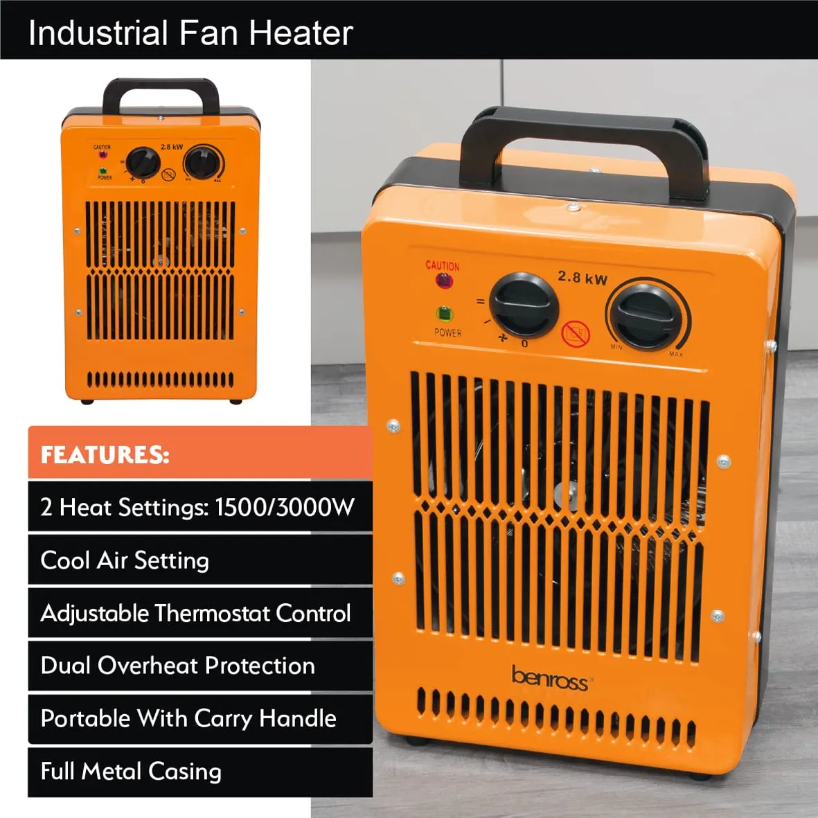 Benross 42468 Large Industrial Fan Heater/Adjustable Thermostatic Control/Cool Air Setting/Dual Overheat Protection/Portable & Low Noise / 2800W / Orange Colour