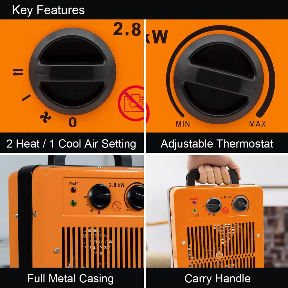 Benross 42468 Large Industrial Fan Heater/Adjustable Thermostatic Control/Cool Air Setting/Dual Overheat Protection/Portable & Low Noise / 2800W / Orange Colour