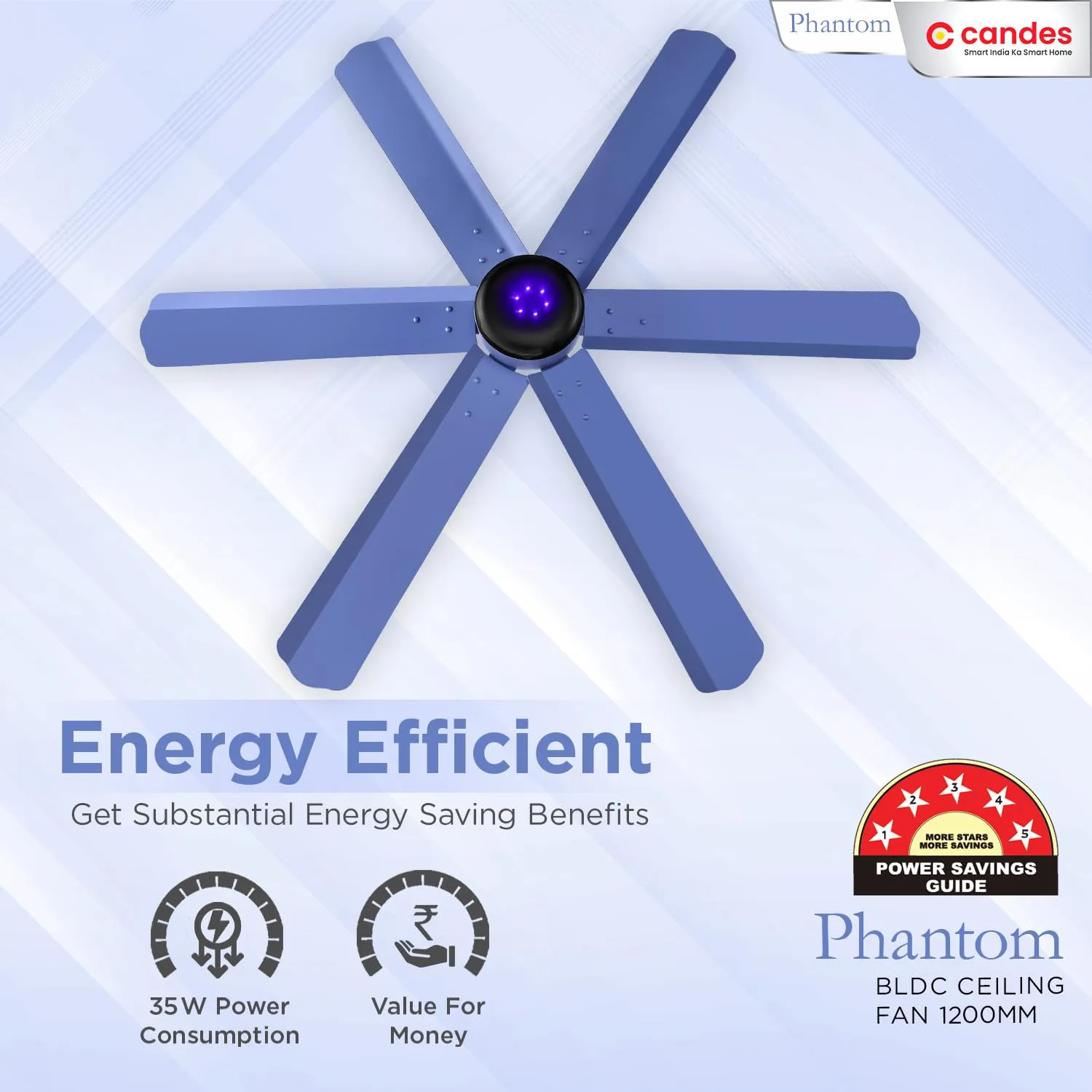 Candes LED Ceiling Fans for Home 1200mm | BLDC Ceiling Fan High Speed For Living Room | Remote Included | 6 Blade Ceiling Fan With Light | Blue | 3 Year Warranty