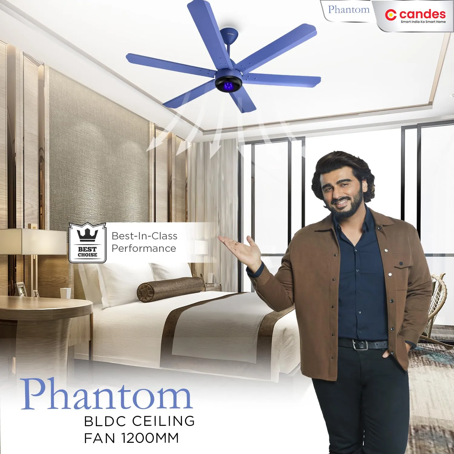 Candes LED Ceiling Fans for Home 1200mm | BLDC Ceiling Fan High Speed For Living Room | Remote Included | 6 Blade Ceiling Fan With Light | Blue | 3 Year Warranty