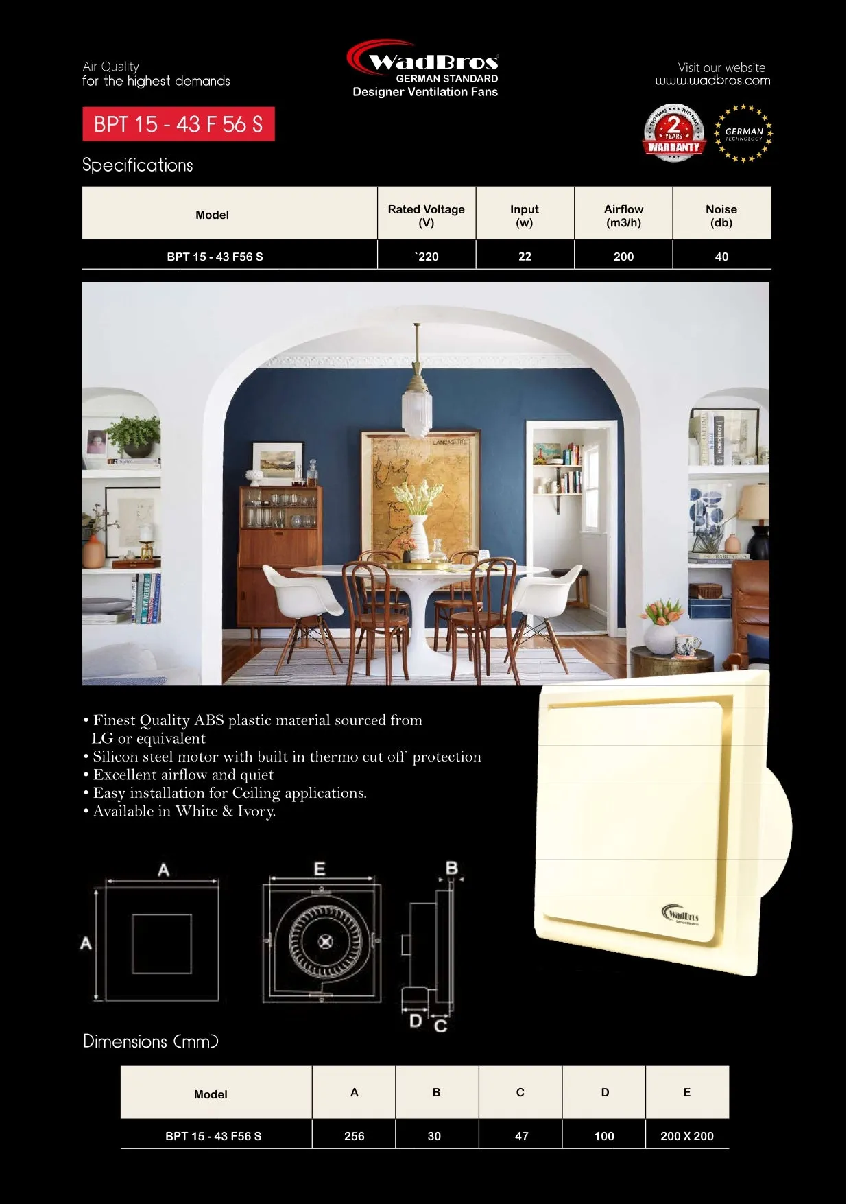 Classic Small W/0 Pipe Ventilation/Exhaust Fan By Wadbros ( BPT15-43 F 56 SMALL )