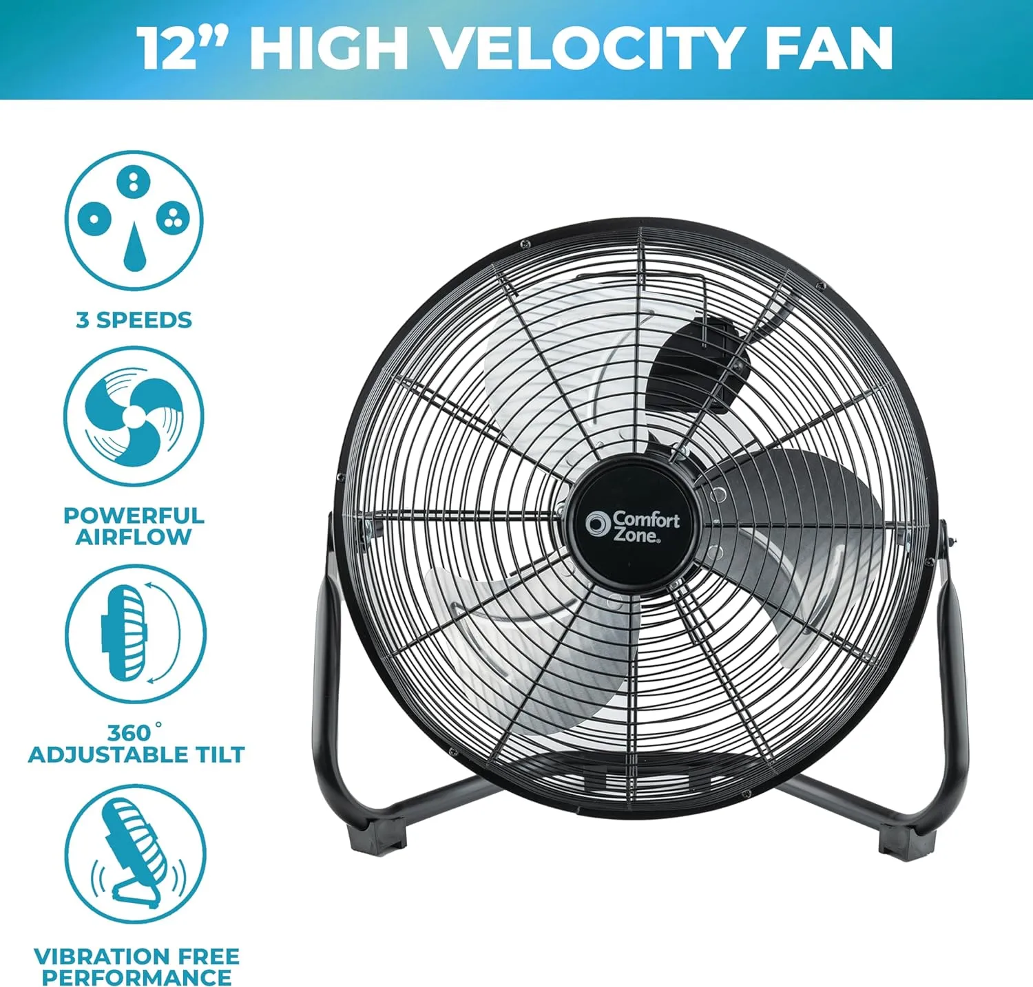 Comfort Zone 12" 3-Speed High-Velocity Floor Fan in Black