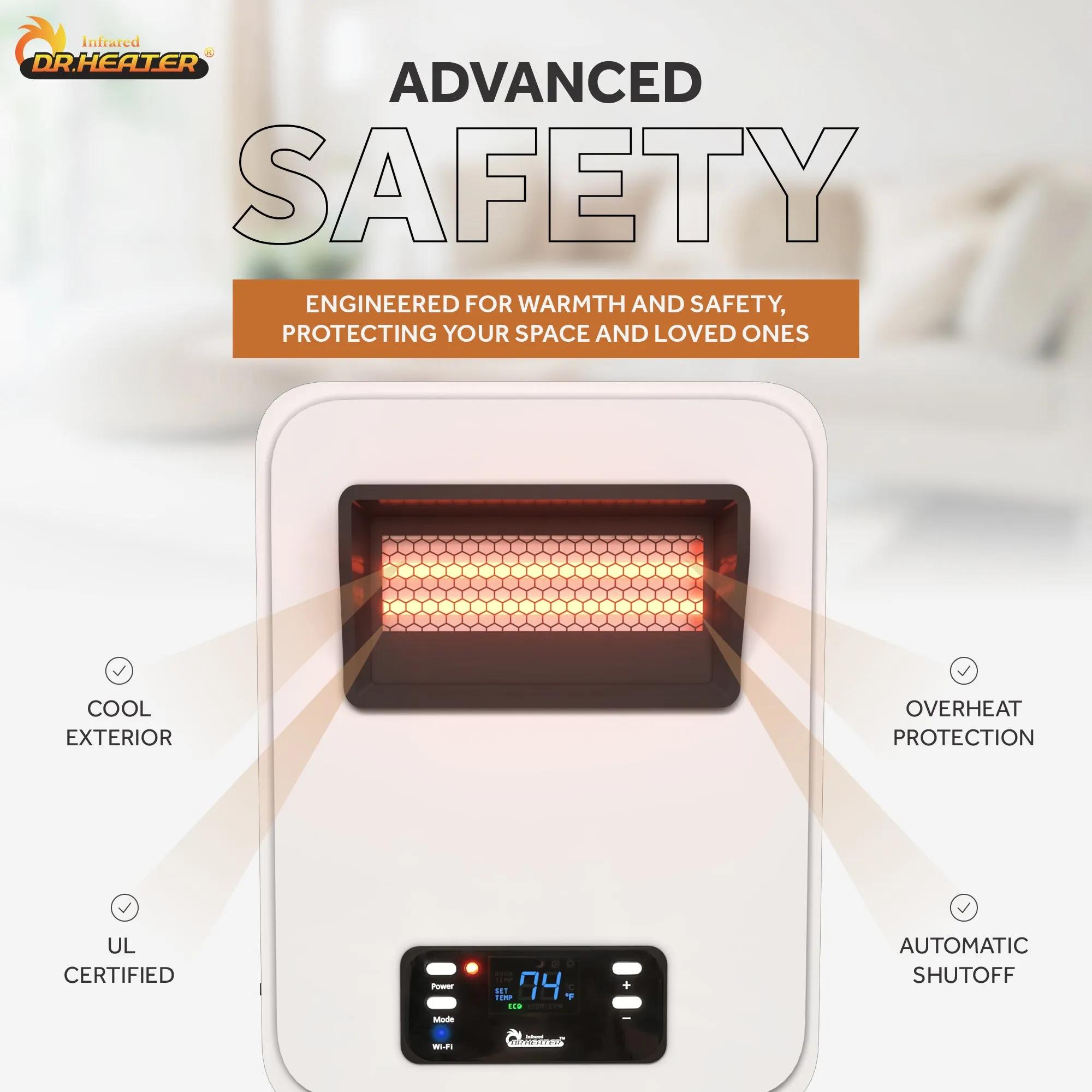 DR-908W - Infrared Heater with WiFi - Wall Heater - Electric Heaters for Indoor Use, Bedroom, Small Room,- Energy Saving 1500 Watt PTC Quartz Heater - Wall Mounted Radiant Heater