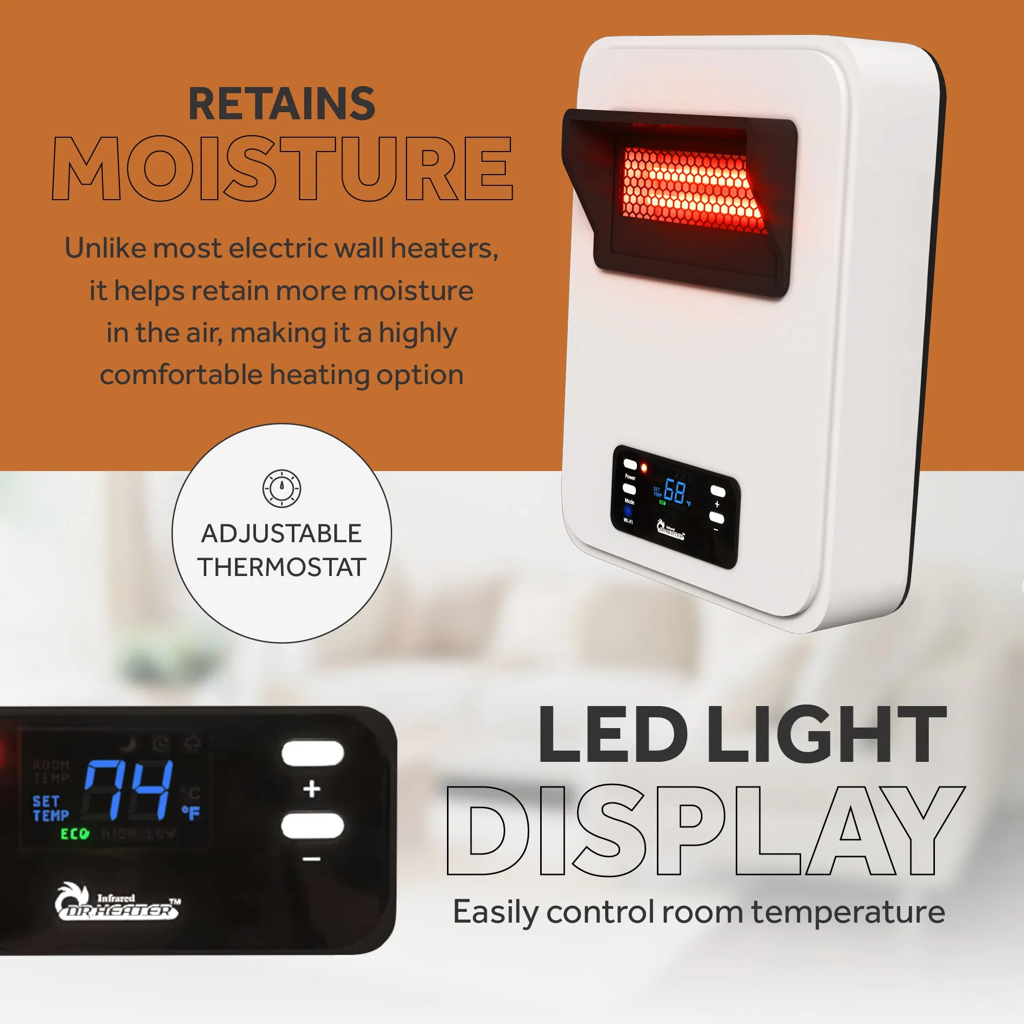 DR-908W - Infrared Heater with WiFi - Wall Heater - Electric Heaters for Indoor Use, Bedroom, Small Room,- Energy Saving 1500 Watt PTC Quartz Heater - Wall Mounted Radiant Heater