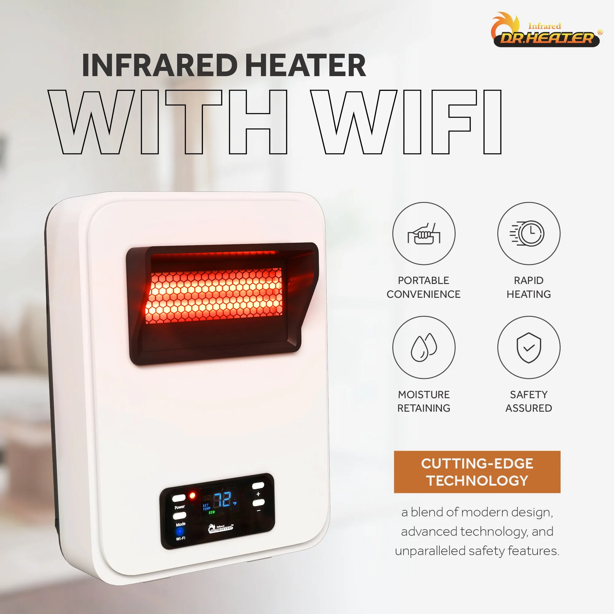 DR-908W - Infrared Heater with WiFi - Wall Heater - Electric Heaters for Indoor Use, Bedroom, Small Room,- Energy Saving 1500 Watt PTC Quartz Heater - Wall Mounted Radiant Heater