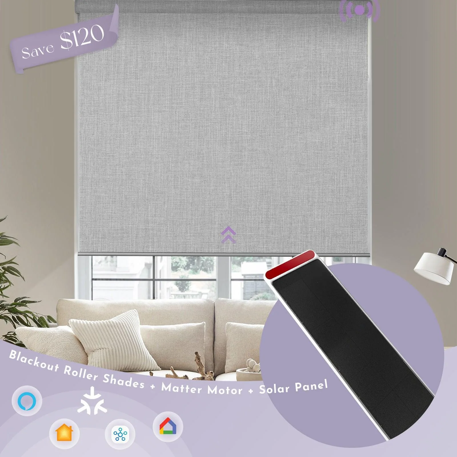Graywind Motorized Blackout Roller Shades & Matter Motor & Solar Panel | Customizable