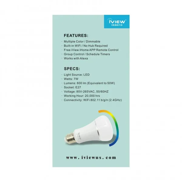 ISB610 7W 600 lumens E26 Smart Multi-Color LED WiFi Light Bulb Works with Alexa and Google Assistant