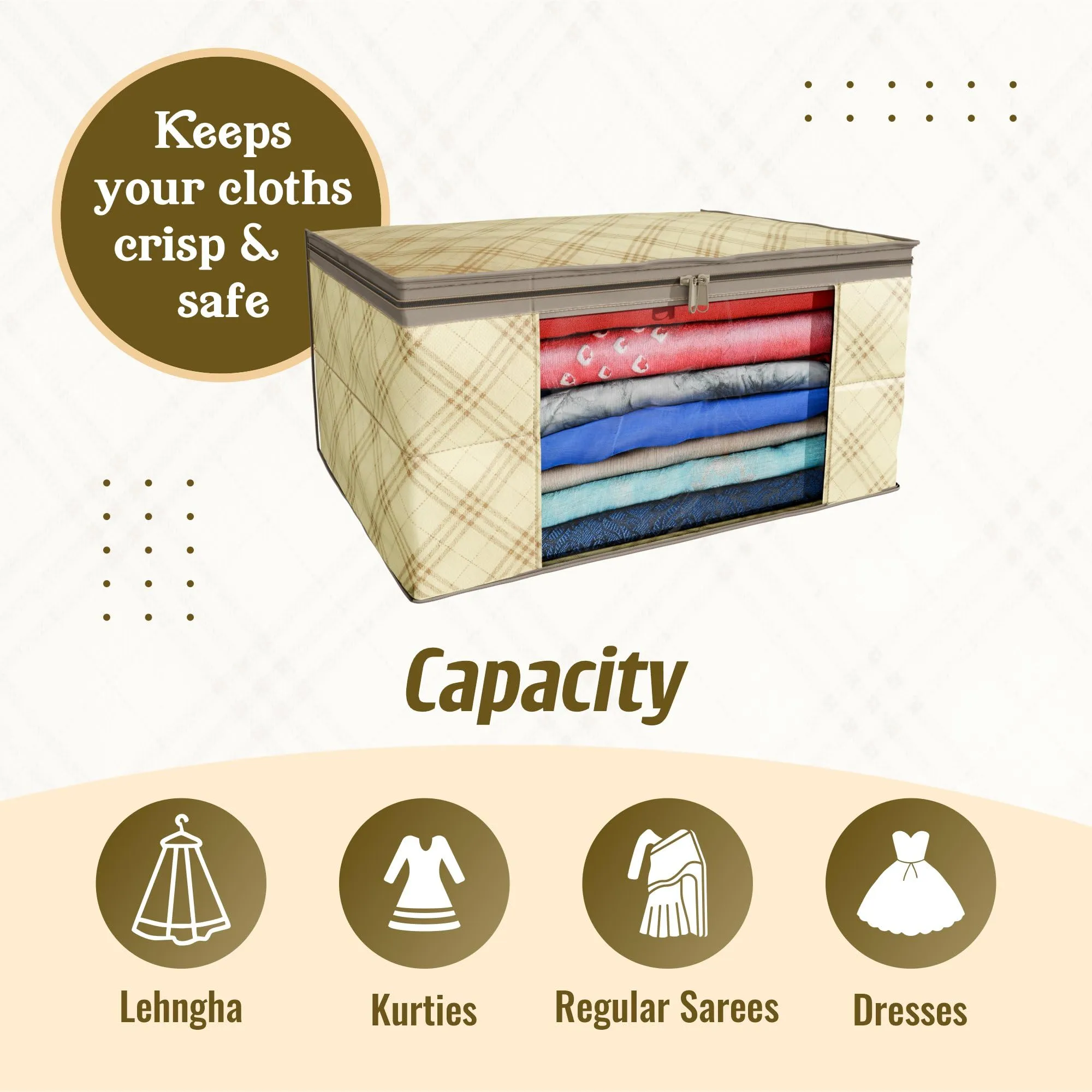 Kuber Industries Clothes Organizer For Wardrobe (Pack of 6) - Storage Organizer For Saree | Shirts | Salwar | Clothes - Dress Organizer For Wardrobe - Saree Covers With Zip (Printed) (Beige)