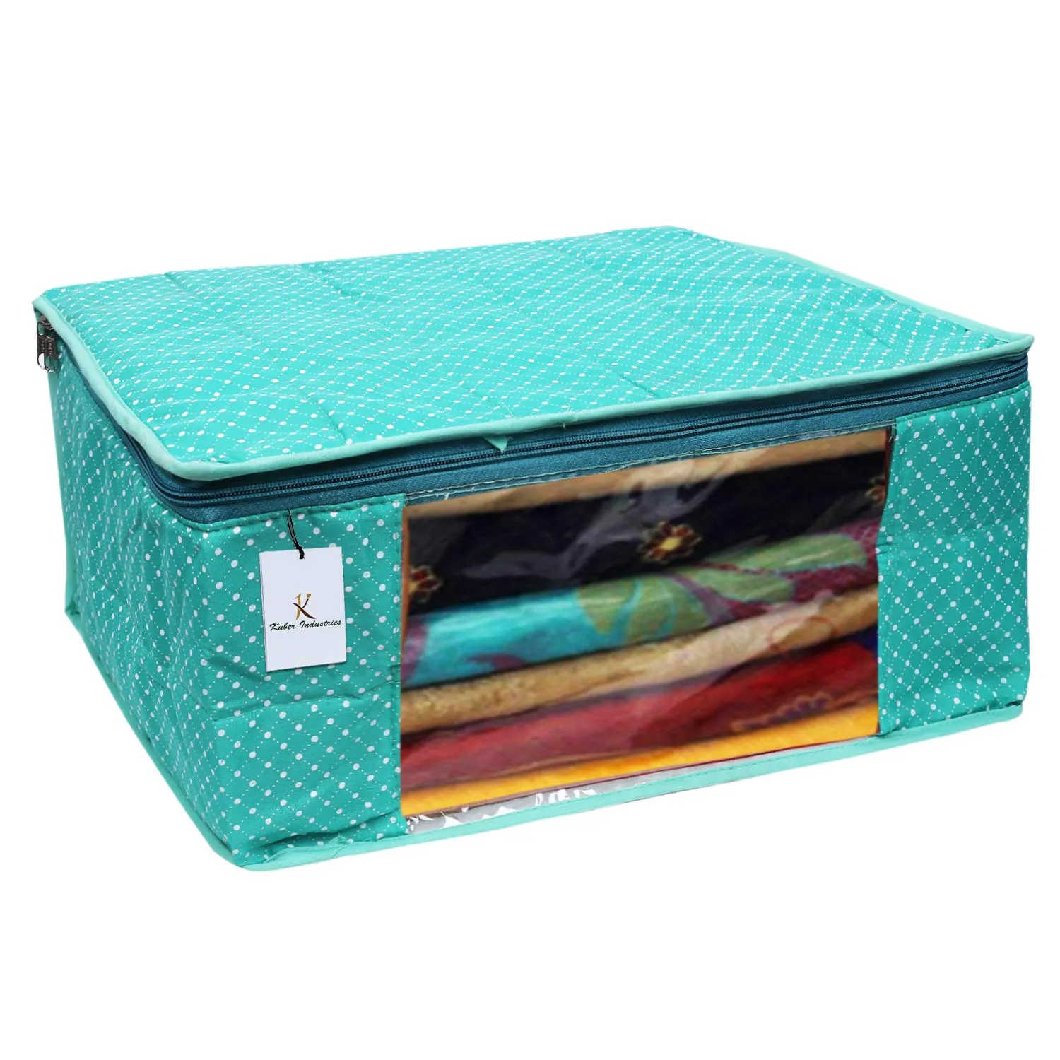 Kuber Industries Cotton Quilted Clothes Organizer For Wardrobe (Pack of 3) - Storage Organizer For Saree | Shirts | Salwar Suit | Lehenga - Dress Organizer For Wardrobe - Saree Covers With Zip (Green)