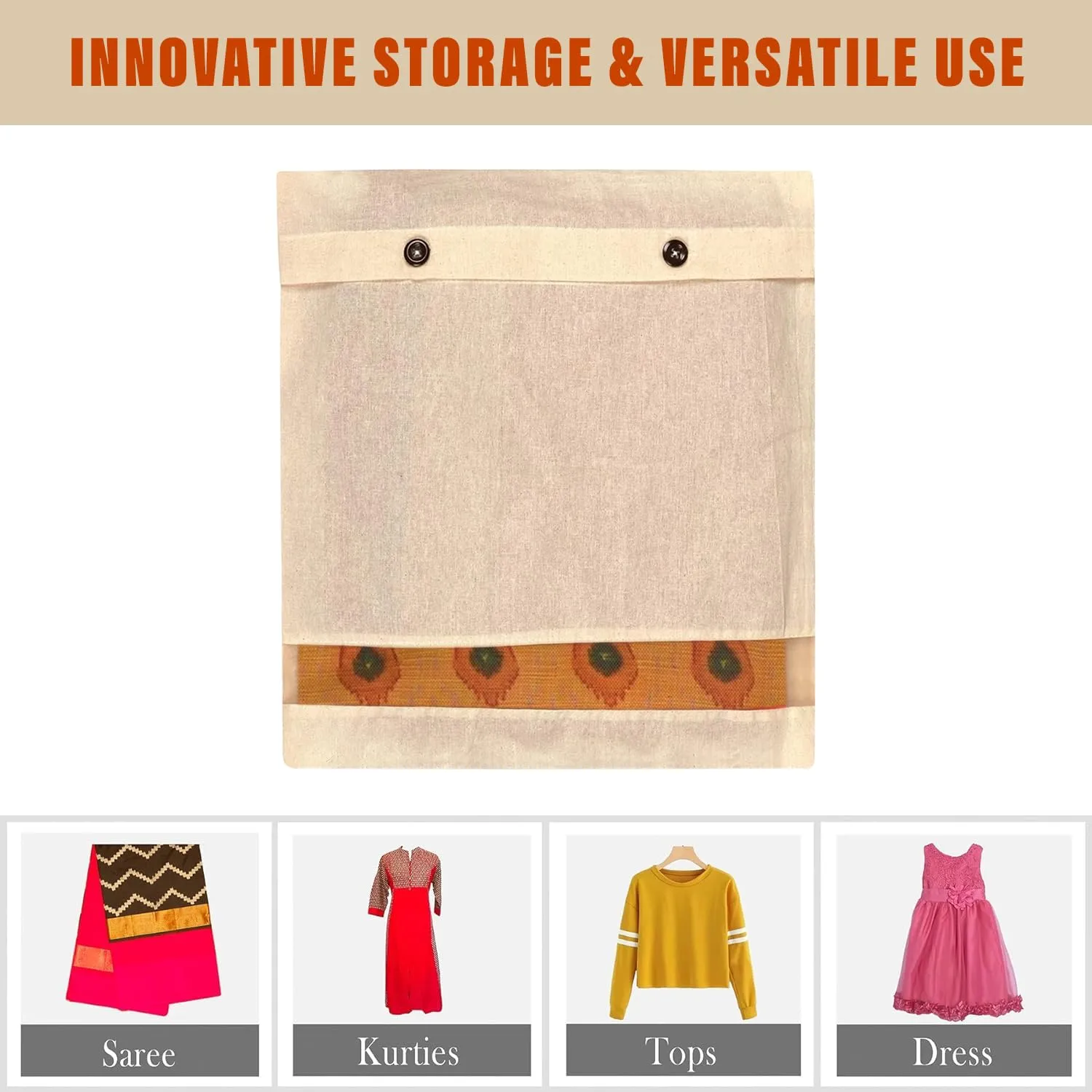 Kuber Industries Saree Bags | Clothes Bags for Storage | Cotton Wardrobe Organizer | Mesh Window Cloth Storage Bags Set | Single Packing Saree Cover with Button | Pack of 20 | Cream