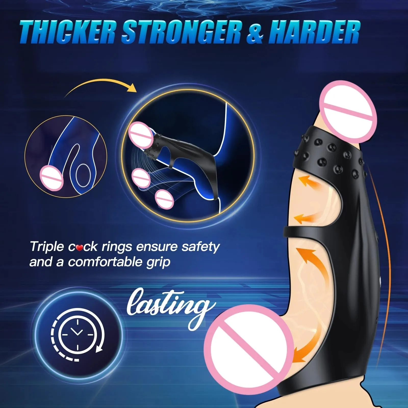 Remote Control Vibrating Cock Sleeve Sex Toy for Men - Triple Penis Rings Delay Trainer