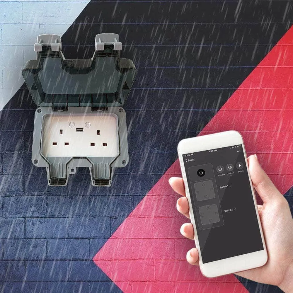 Smart Waterproof Outdoor Socket 13A WiFi Twin Wall Socket with USB Port, IP55 Rated 2 Gang 13 Amp Double Outdoor Weatherproof Power Electric Sockets for Garden & External Electrical Outlet