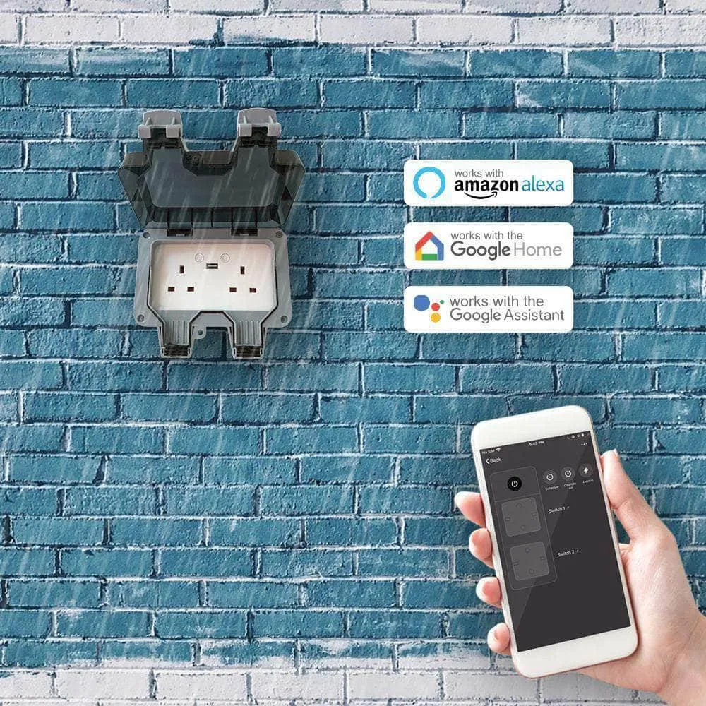 Smart Waterproof Outdoor Socket 13A WiFi Twin Wall Socket with USB Port, IP55 Rated 2 Gang 13 Amp Double Outdoor Weatherproof Power Electric Sockets for Garden & External Electrical Outlet