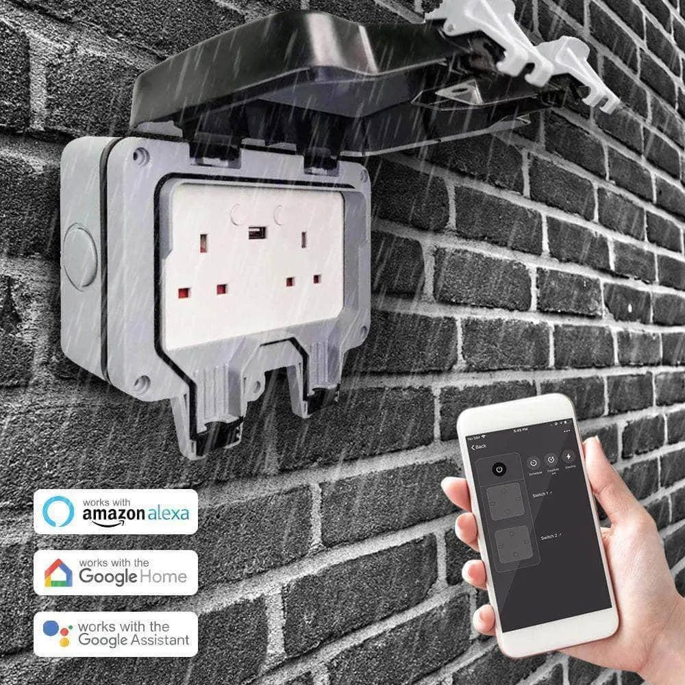 Smart Waterproof Outdoor Socket 13A WiFi Twin Wall Socket with USB Port, IP55 Rated 2 Gang 13 Amp Double Outdoor Weatherproof Power Electric Sockets for Garden & External Electrical Outlet