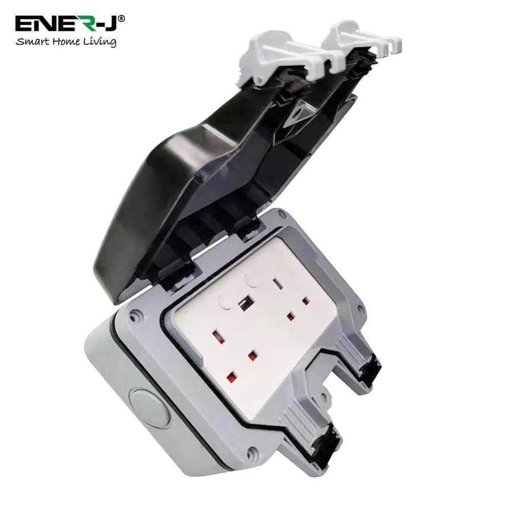 Smart Waterproof Outdoor Socket 13A WiFi Twin Wall Socket with USB Port, IP55 Rated 2 Gang 13 Amp Double Outdoor Weatherproof Power Electric Sockets for Garden & External Electrical Outlet