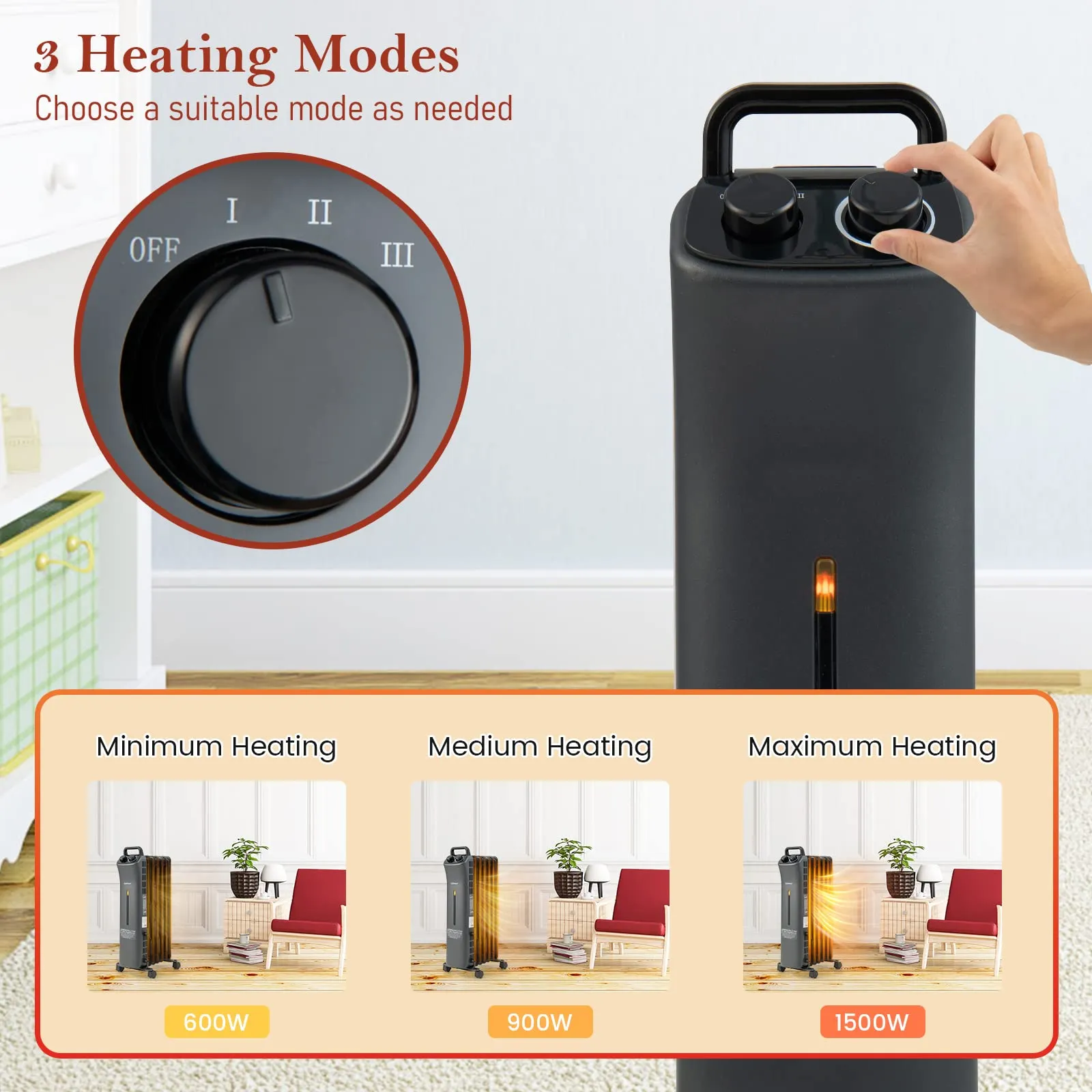 Tangkula 1500W Oil Filled Radiator Heater, Electric Space Heater with 3 Heating Modes