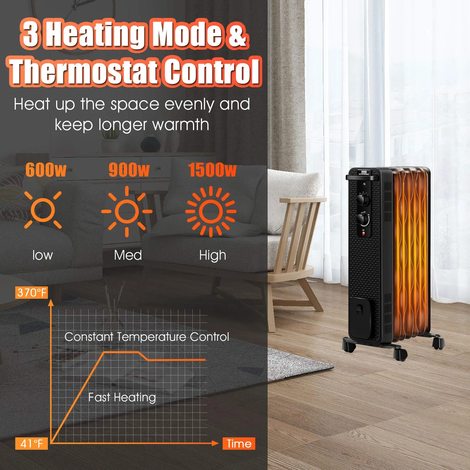 Tangkula 1500W Oil Filled Radiator Heater, Portable Space Heater Radiator w/ 3 Heating Modes & Adjustable Thermostat