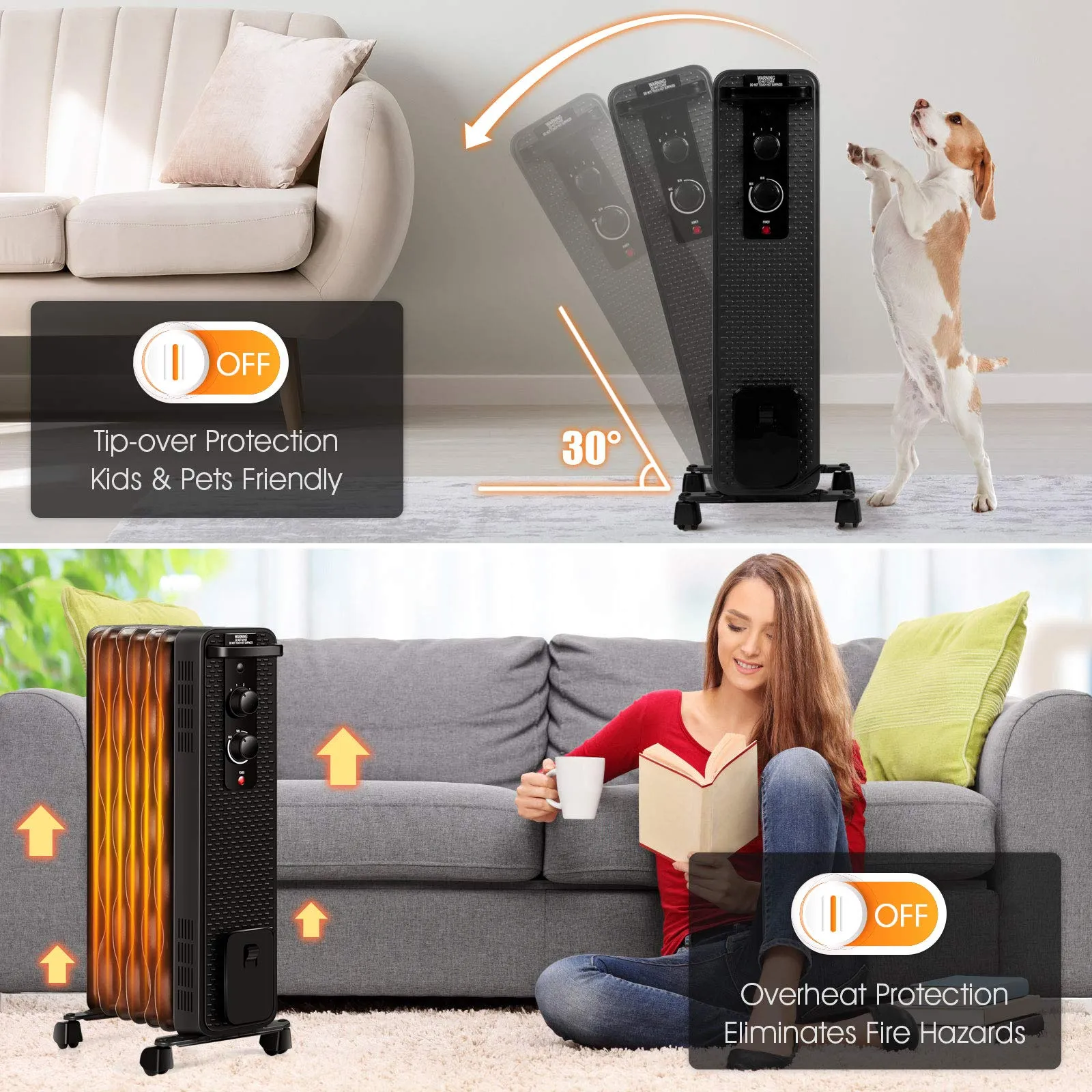 Tangkula 1500W Oil Filled Radiator Heater, Portable Space Heater Radiator w/ 3 Heating Modes & Adjustable Thermostat